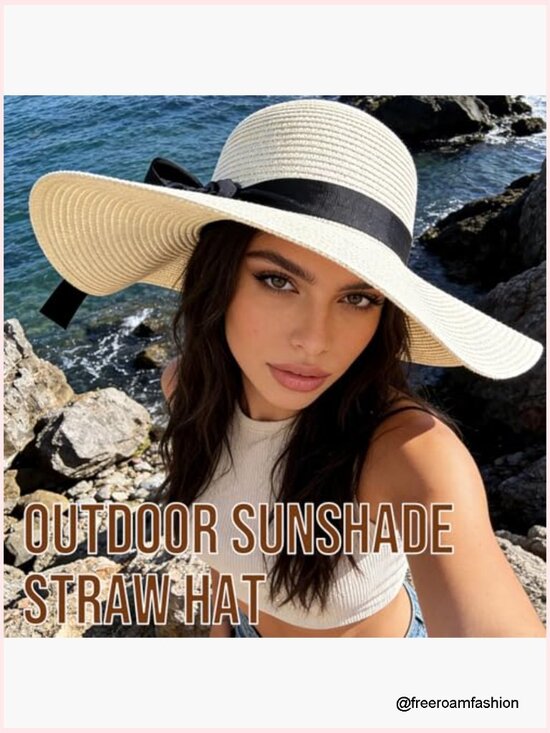 Wide Brim Straw Sun Hat UPF 50+ Foldable Travel Beach Hat display picture 1
